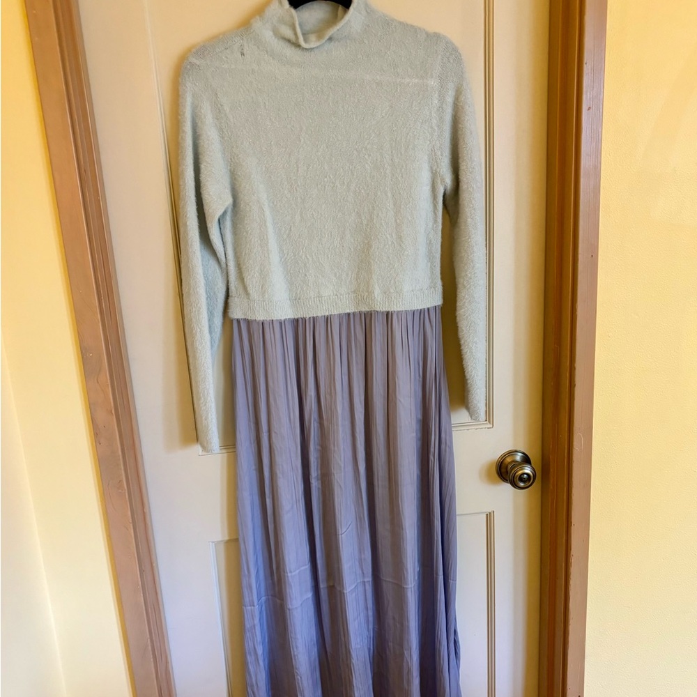 Anthropologie Pale Blue Knit Top with Dusty Blue Satin Skirt Dress - Picture 10 of 10